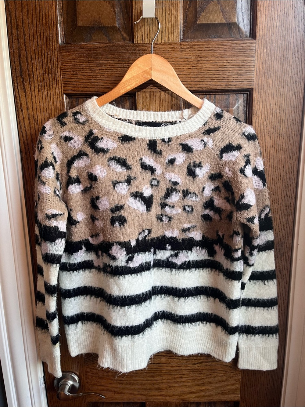 Mustard Seed Leopard & Stripe Crewneck Sweater - Beige, Black, White